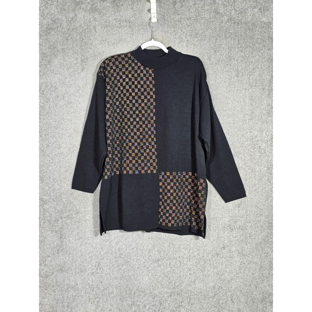 Vintage‎ Karen Lessly Sweater Womens Size 2X Black Metallic Gold Check Mock Neck